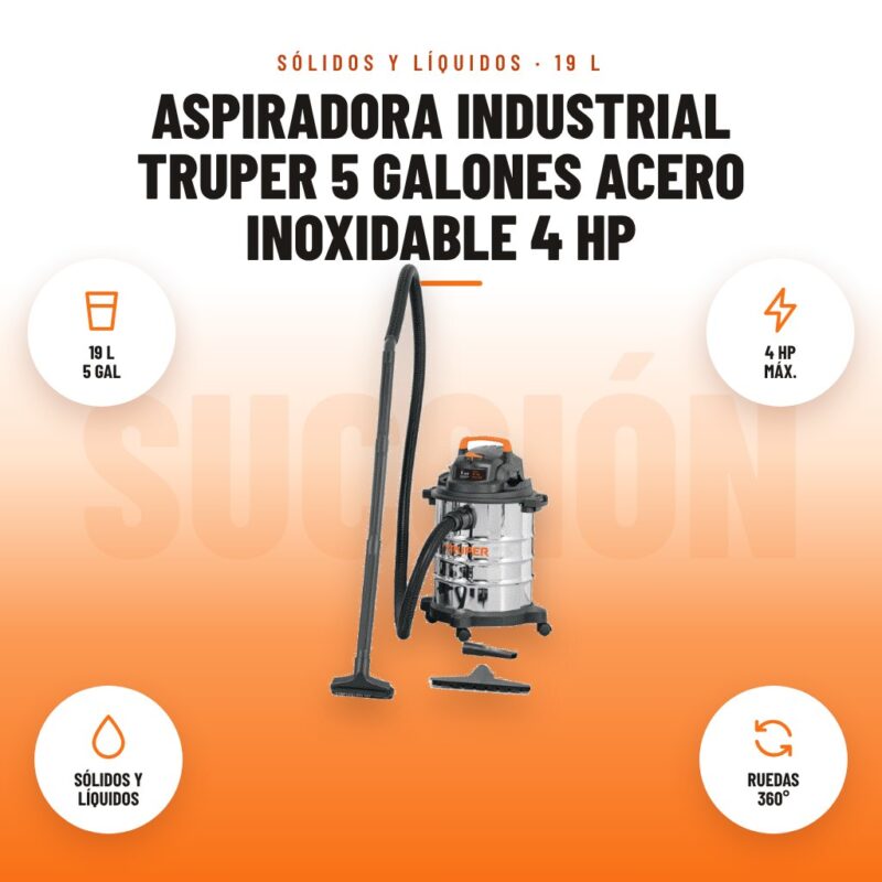 Aspiradora Industrial Truper 5 Galones Acero Inoxidable 4 HP: imagen promocional con 19 l 5 gal, 4 hp máx., sólidos y líquidos, ruedas 360°