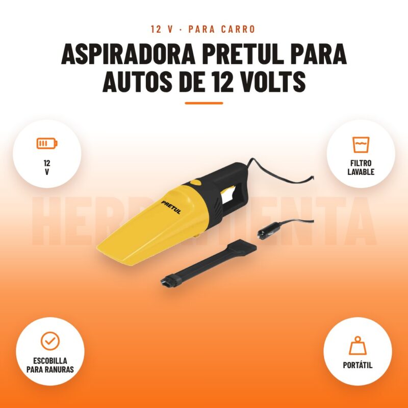 Aspiradora Pretul Para Autos De 12 Volts: imagen promocional con 12 v, filtro lavable, escobilla para ranuras, portátil