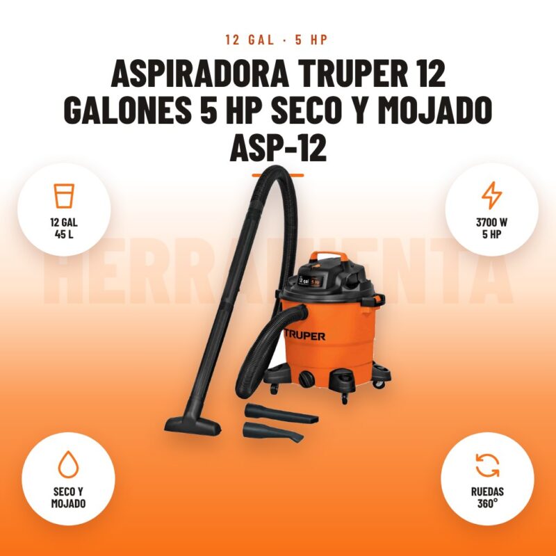 Aspiradora Truper 12 Galones 5 HP Seco y Mojado ASP-12: imagen promocional con 12 gal 45 l, 3700 w 5 hp, seco y mojado, ruedas 360°