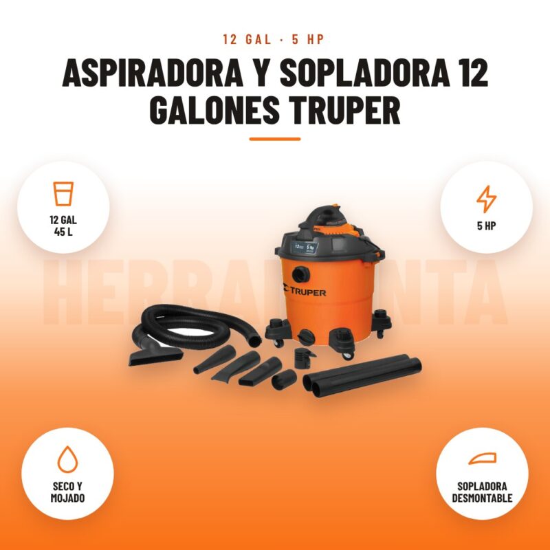 Aspiradora Y Sopladora 12 Galones Truper: imagen promocional con 12 gal 45 l, 5 hp, seco y mojado, sopladora desmontable
