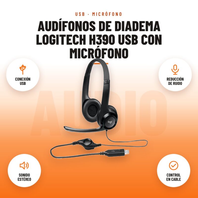 Audífonos de Diadema Logitech H390 USB con Micrófono: imagen promocional con conexión usb, reducción de ruido, sonido estéreo, control en cable