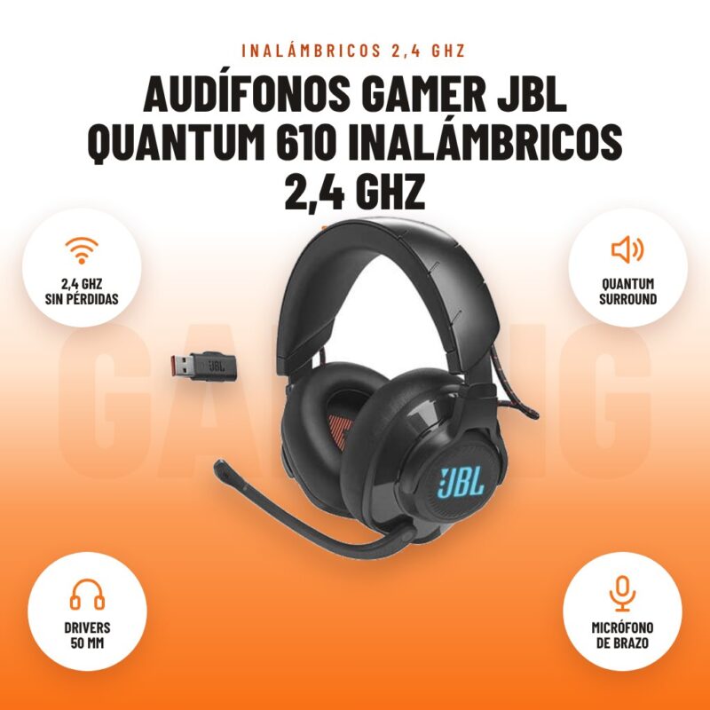 Audífonos Gamer JBL Quantum 610 Inalámbricos 2,4 GHz: imagen promocional con 2,4 ghz sin pérdidas, quantum surround, drivers 50 mm, micrófono de brazo