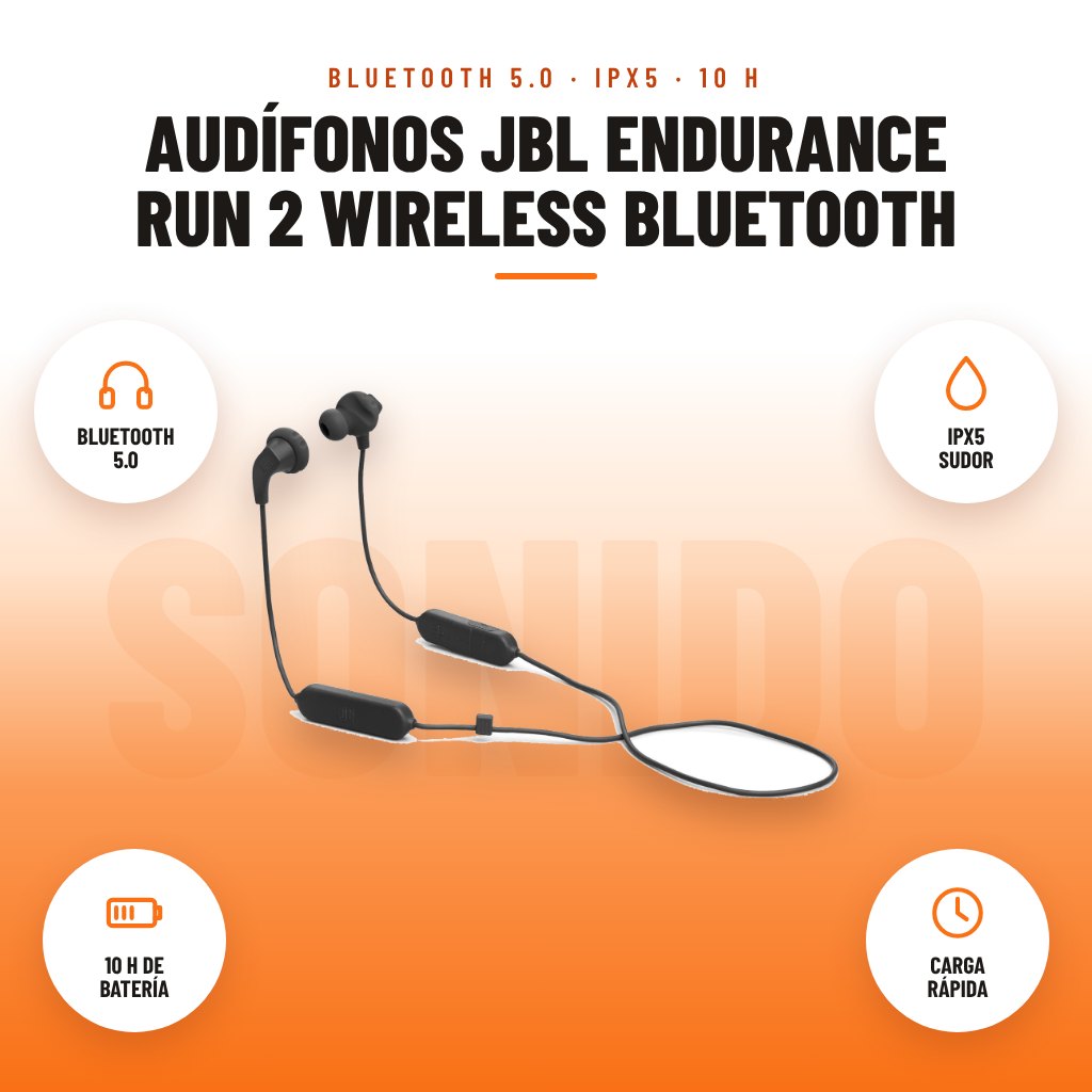 Audífonos JBL Endurance Run 2 Wireless Bluetooth: imagen promocional con bluetooth 5.0, ipx5 sudor, 10 h de batería, carga rápida