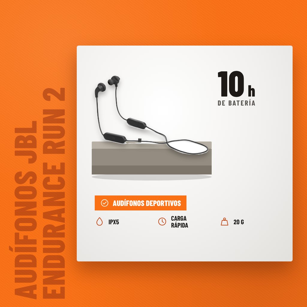 Audífonos JBL Endurance Run 2 Wireless Bluetooth sobre soporte con sus beneficios principales
