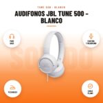 Audifonos JBL Tune 500 – Blanco: imagen promocional con pure bass, control y micrófono, plegables, cable plano
