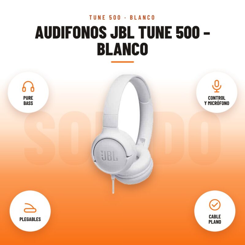 Audifonos JBL Tune 500 – Blanco: imagen promocional con pure bass, control y micrófono, plegables, cable plano