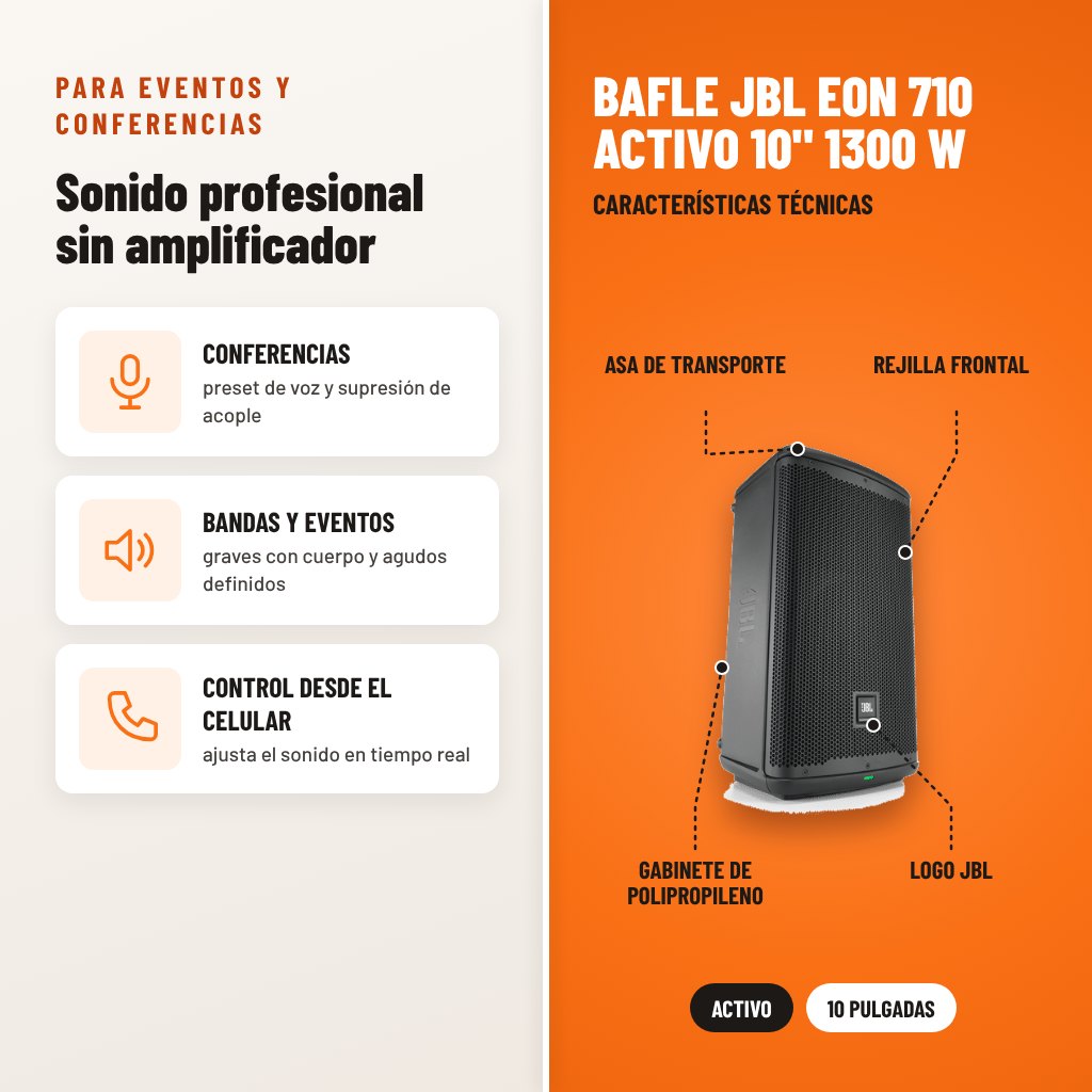 Bafle JBL EON 710 Activo 10" 1300 W: usos y características técnicas señaladas