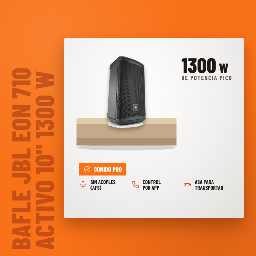 Bafle JBL EON 710 Activo 10" 1300 W sobre soporte con sus beneficios principales