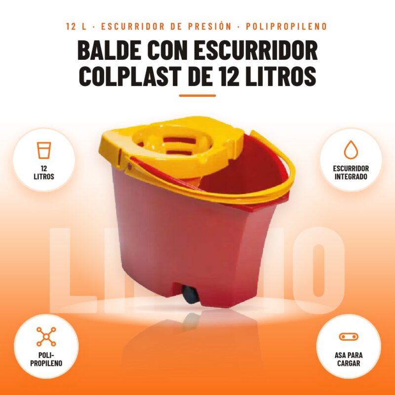 Balde con Escurridor Colplast de 12 Litros: imagen promocional con 12 litros, escurridor integrado, poli- propileno, asa para cargar