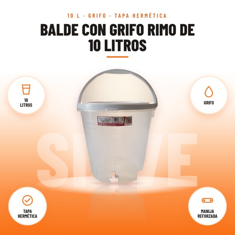 Balde con Grifo Rimo de 10 Litros: imagen promocional con 10 litros, grifo, tapa hermética, manija reforzada