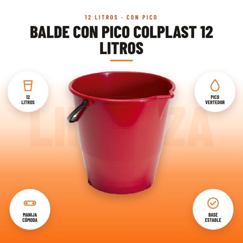 Balde con Pico Colplast 12 Litros: imagen promocional con 12 litros, pico vertedor, manija cómoda, base estable