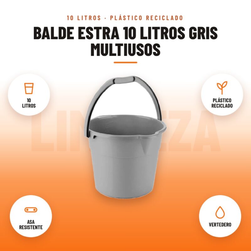 Balde Estra 10 Litros Gris Multiusos: imagen promocional con 10 litros, plástico reciclado, asa resistente, vertedero