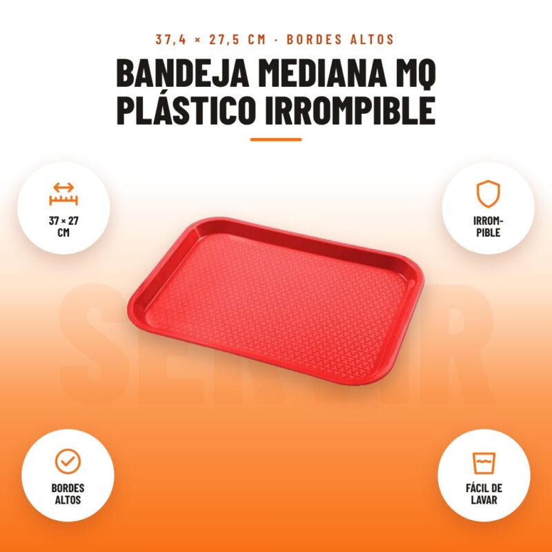 Bandeja Mediana MQ Plástico Irrompible: imagen promocional con 37 × 27 cm, irrom- pible, bordes altos, fácil de lavar