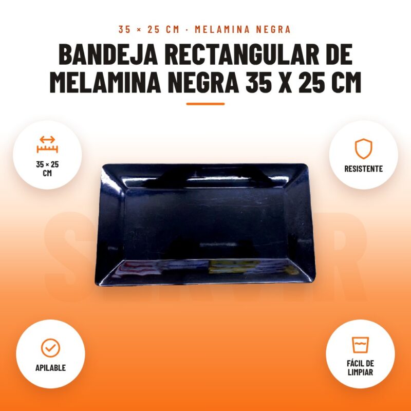Bandeja Rectangular de Melamina Negra 35 x 25 cm: imagen promocional con 35 × 25 cm, resistente, apilable, fácil de limpiar