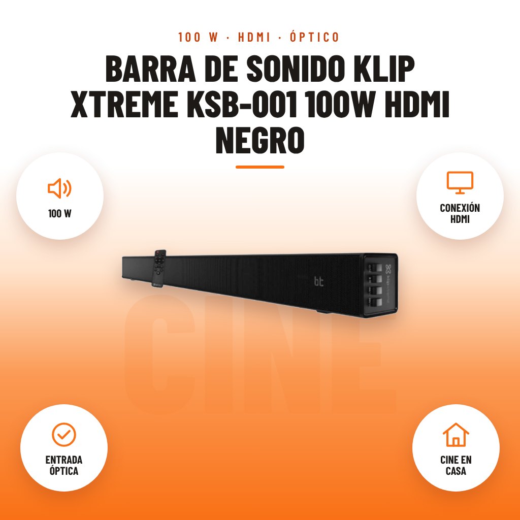 Barra de Sonido Klip Xtreme KSB-001 100W HDMI Negro: imagen promocional con 100 w, conexión hdmi, entrada óptica, cine en casa