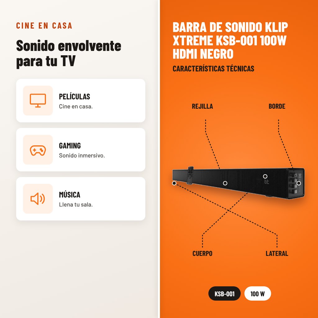Barra de Sonido Klip Xtreme KSB-001 100W HDMI Negro: usos y características técnicas señaladas