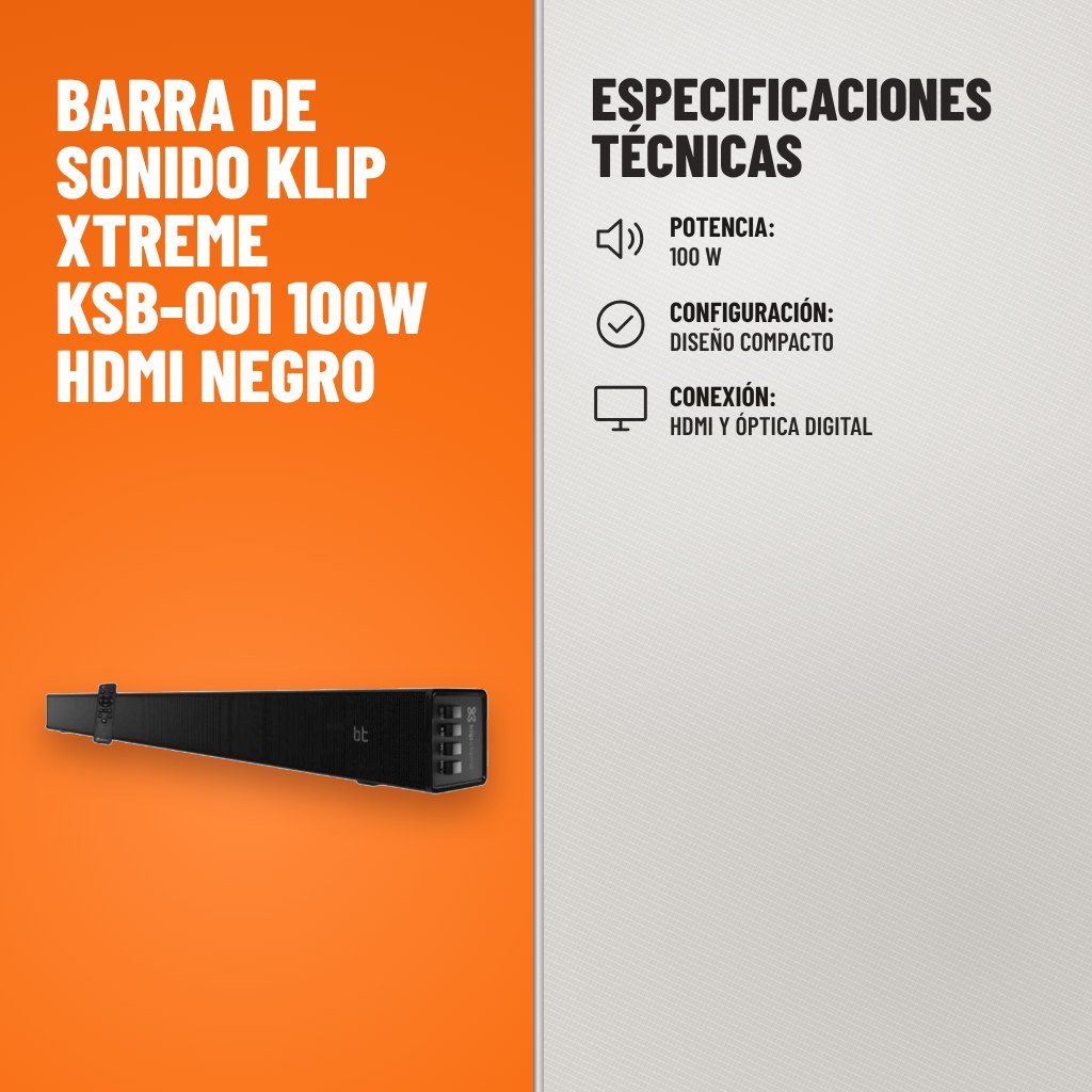 Especificaciones técnicas de Barra de Sonido Klip Xtreme KSB-001 100W HDMI Negro