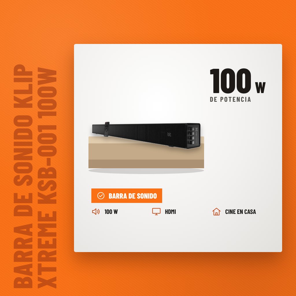 Barra de Sonido Klip Xtreme KSB-001 100W HDMI Negro sobre soporte con sus beneficios principales