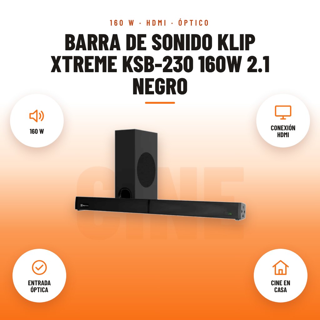 Barra de Sonido Klip Xtreme KSB-230 160W 2.1 Negro: imagen promocional con 160 w, conexión hdmi, entrada óptica, cine en casa