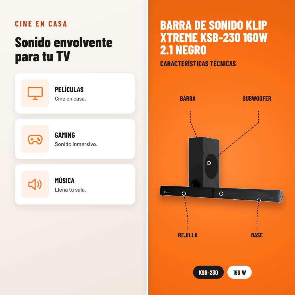 Barra de Sonido Klip Xtreme KSB-230 160W 2.1 Negro: usos y características técnicas señaladas