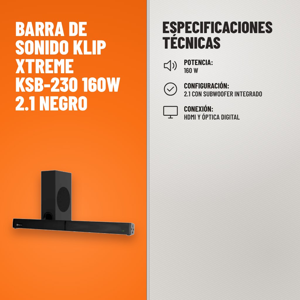 Especificaciones técnicas de Barra de Sonido Klip Xtreme KSB-230 160W 2.1 Negro