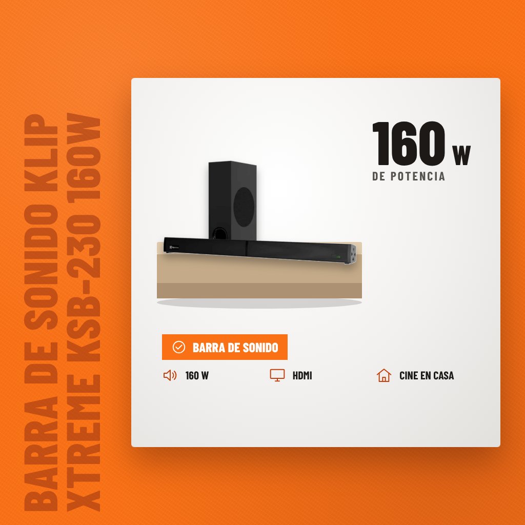 Barra de Sonido Klip Xtreme KSB-230 160W 2.1 Negro sobre soporte con sus beneficios principales
