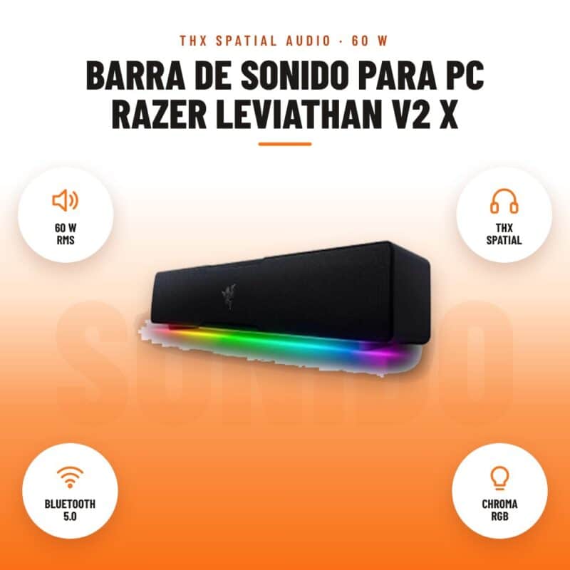 Barra de Sonido para PC Razer Leviathan V2 X: imagen promocional con 60 w rms, thx spatial, bluetooth 5.0, chroma rgb