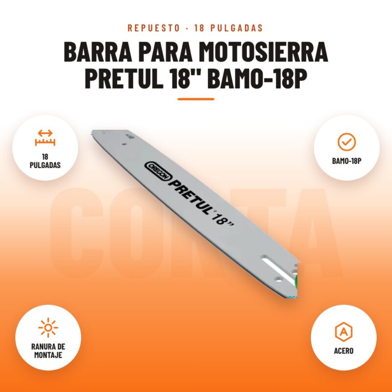 Barra para Motosierra Pretul 18" BAMO-18P: imagen promocional con 18 pulgadas, bamo-18p, ranura de montaje, acero