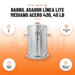 Barril asador Línea Lite Mediano acero 430, 45 lb: imagen promocional con 45 lb, acero inox 430, asado al barril, para 30 a 35 personas