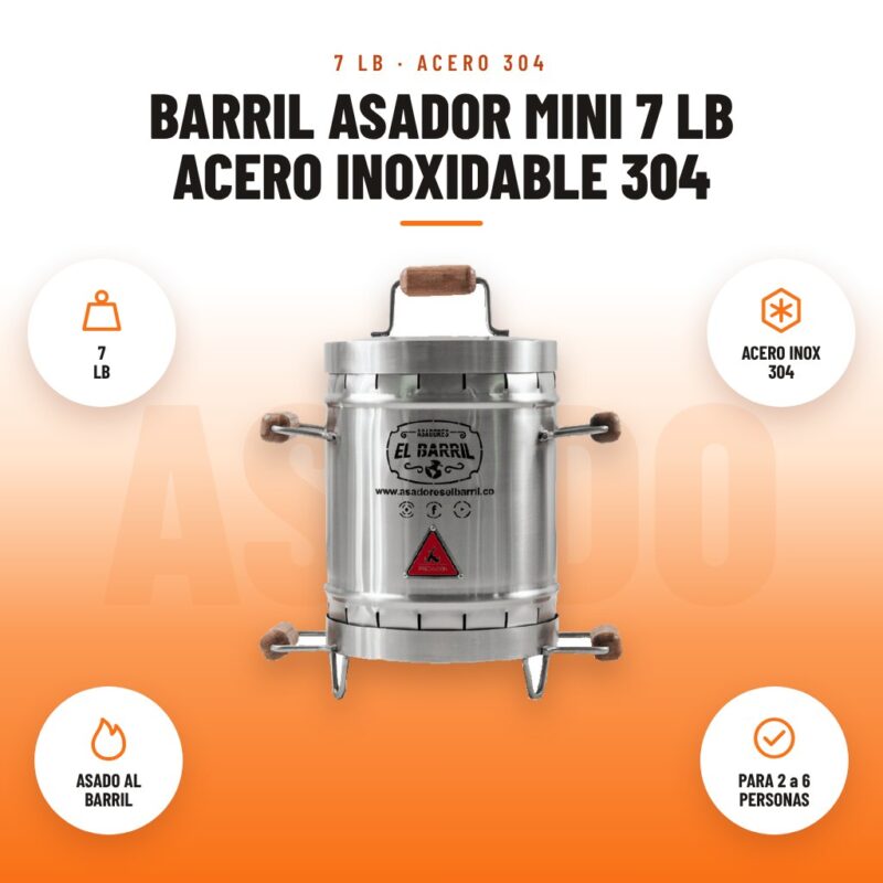 Barril asador Mini 7 lb acero inoxidable 304: imagen promocional con 7 lb, acero inox 304, asado al barril, para 2 a 6 personas
