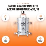 Barril asador Mini Lite acero inoxidable 430, 10 lb: imagen promocional con 10 lb, acero inox 430, asado al barril, para 8 a 10 personas