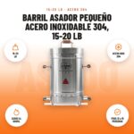 Barril asador Pequeño acero inoxidable 304, 15-20 lb: imagen promocional con 15-20 lb, acero inox 304, asado al barril, para 12 a 15 personas