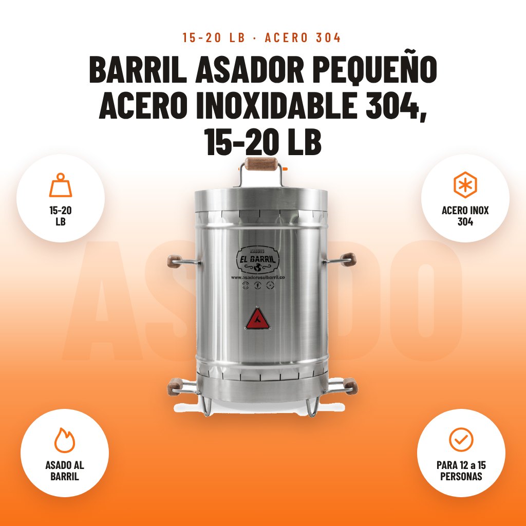 Barril asador Pequeño acero inoxidable 304, 15-20 lb: imagen promocional con 15-20 lb, acero inox 304, asado al barril, para 12 a 15 personas