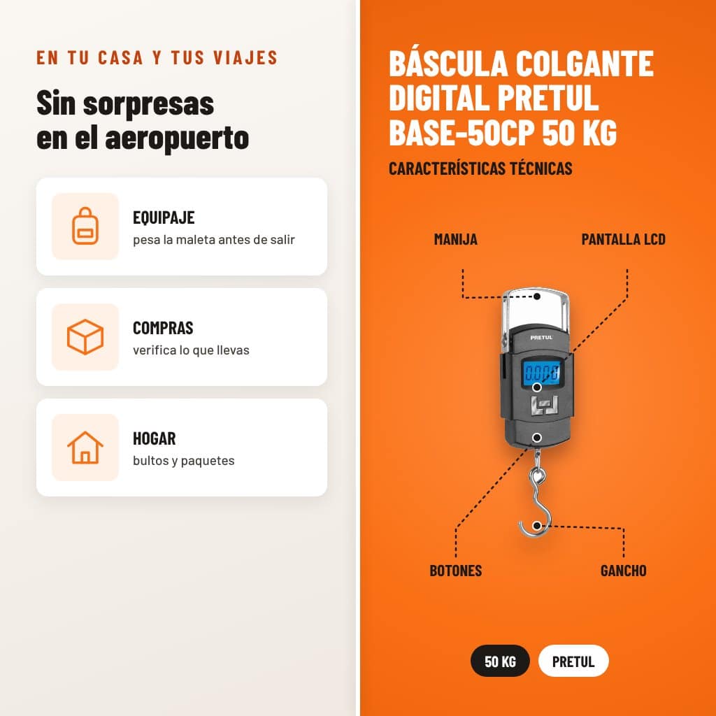 Báscula Colgante Digital Pretul BASE-50CP 50 kg: usos y características técnicas señaladas