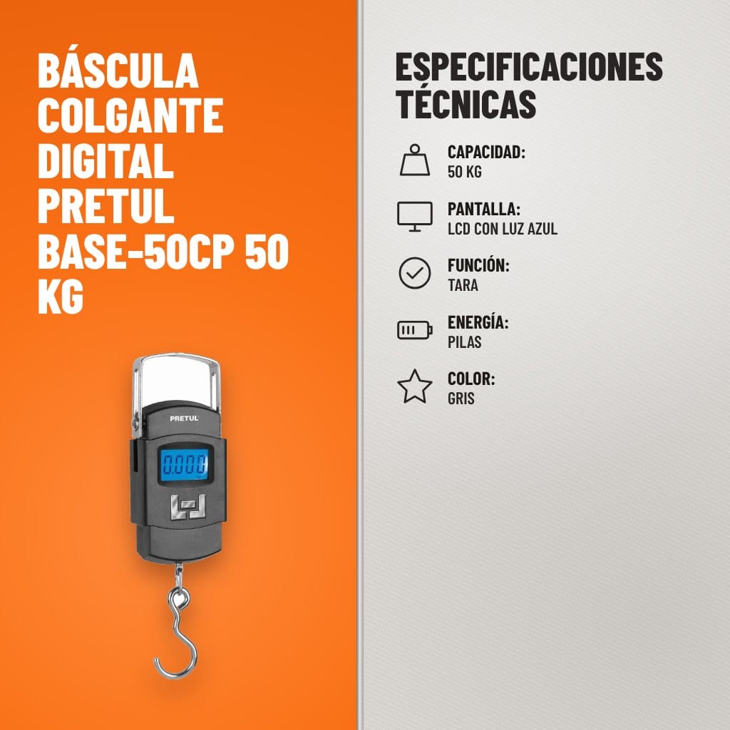 Especificaciones técnicas de Báscula Colgante Digital Pretul BASE-50CP 50 kg