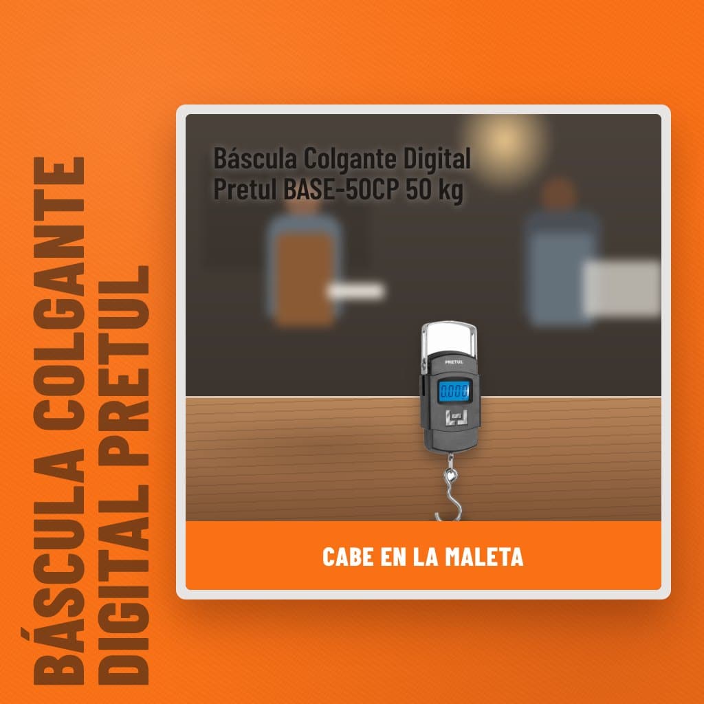 Báscula Colgante Digital Pretul BASE-50CP 50 kg en un taller con un profesional al fondo