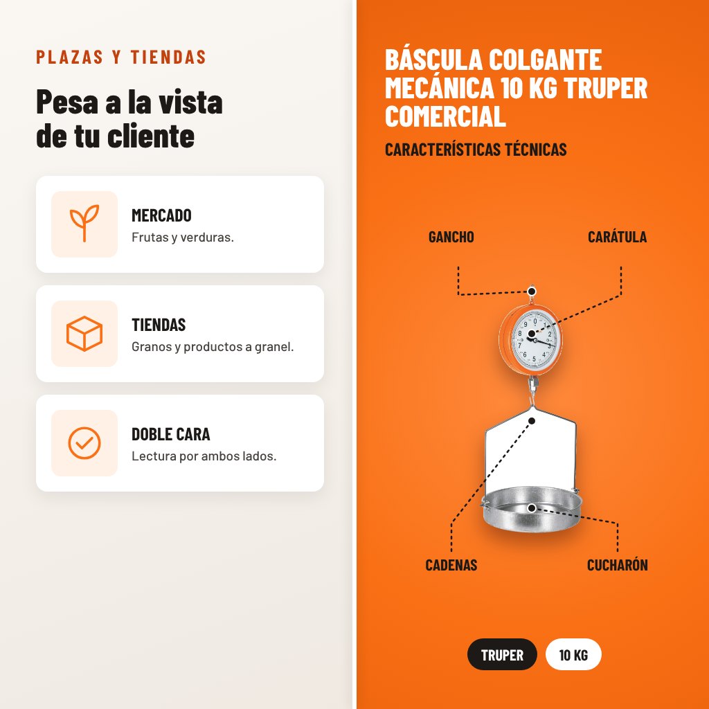 Báscula Colgante Mecánica 10 kg Truper Comercial: usos y características técnicas señaladas