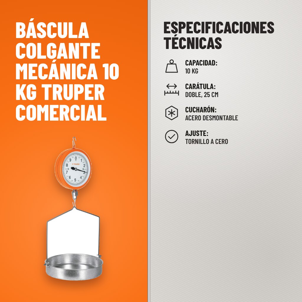 Especificaciones técnicas de Báscula Colgante Mecánica 10 kg Truper Comercial