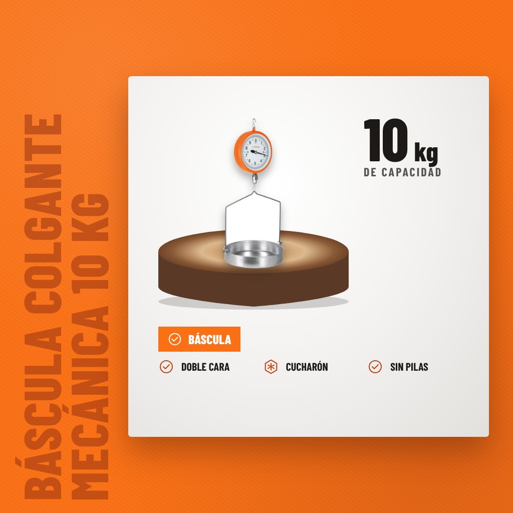 Báscula Colgante Mecánica 10 kg Truper Comercial sobre soporte con sus beneficios principales