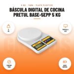 Báscula Digital de Cocina Pretul BASE-5EPP 5 kg: imagen promocional con 5 kg, pantalla lcd, función tara, aviso batería
