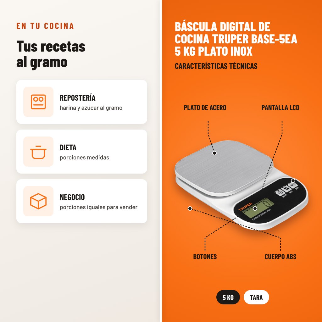 Báscula Digital de Cocina Truper BASE-5EA 5 kg Plato Inox: usos y características técnicas señaladas