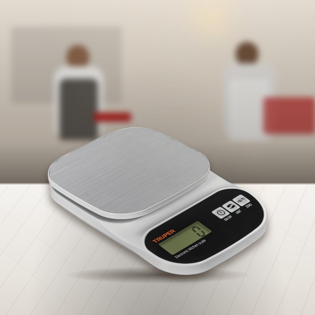 Báscula Digital de Cocina Truper BASE-5EA 5 kg Plato Inox en una cocina