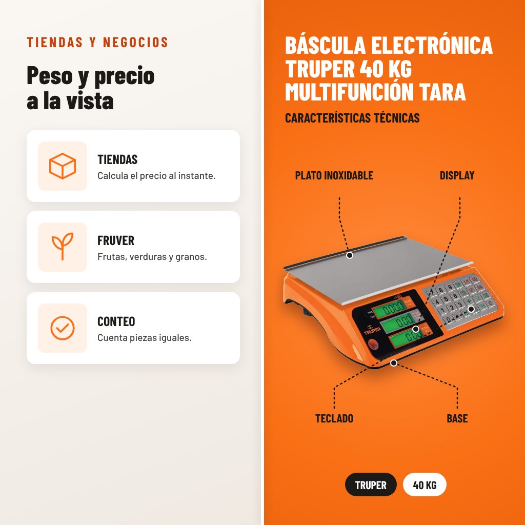 Báscula Electrónica Truper 40 kg Multifunción Tara: usos y características técnicas señaladas