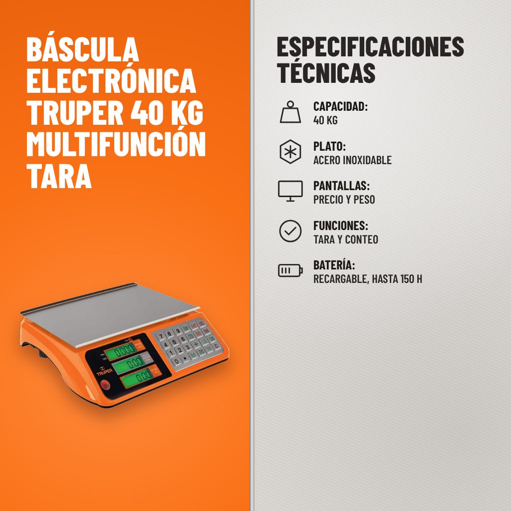 Especificaciones técnicas de Báscula Electrónica Truper 40 kg Multifunción Tara