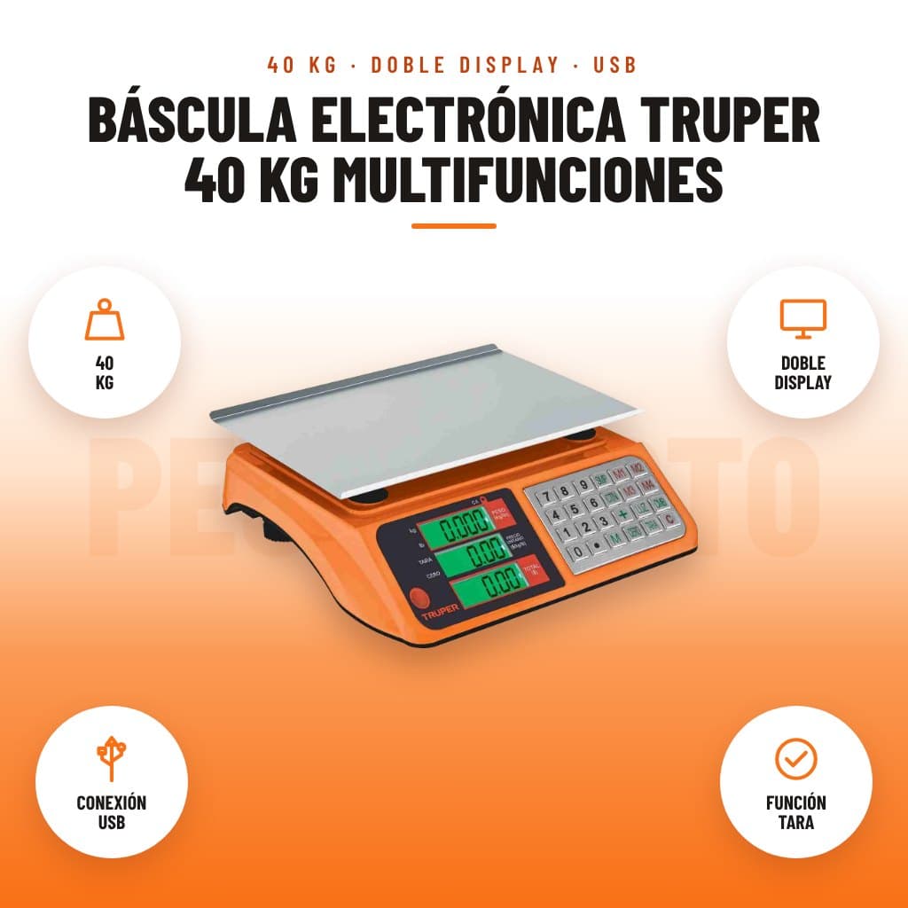 Báscula Electrónica Truper 40 kg Multifunciones: imagen promocional con 40 kg, doble display, conexión usb, función tara