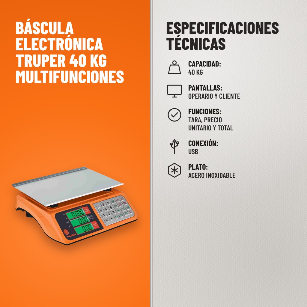Especificaciones técnicas de Báscula Electrónica Truper 40 kg Multifunciones
