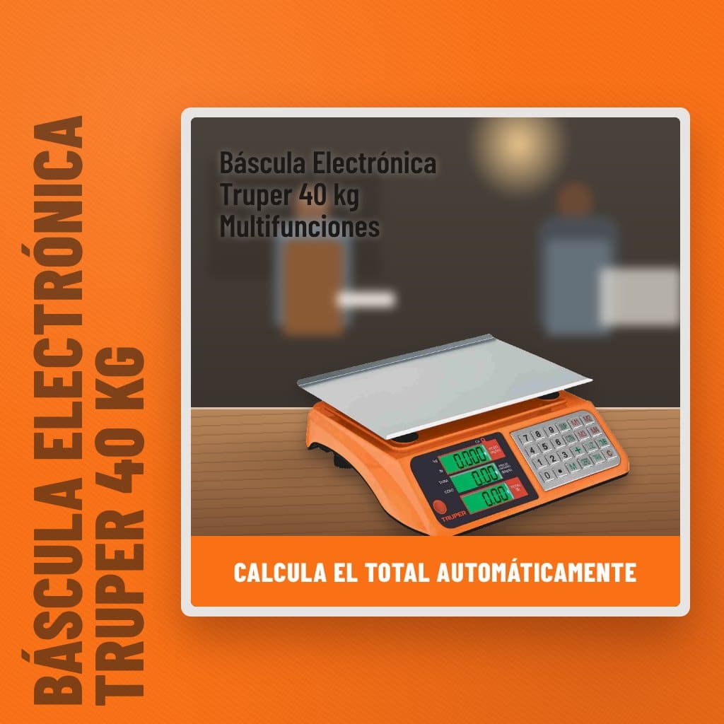Báscula Electrónica Truper 40 kg Multifunciones en un taller con un profesional al fondo