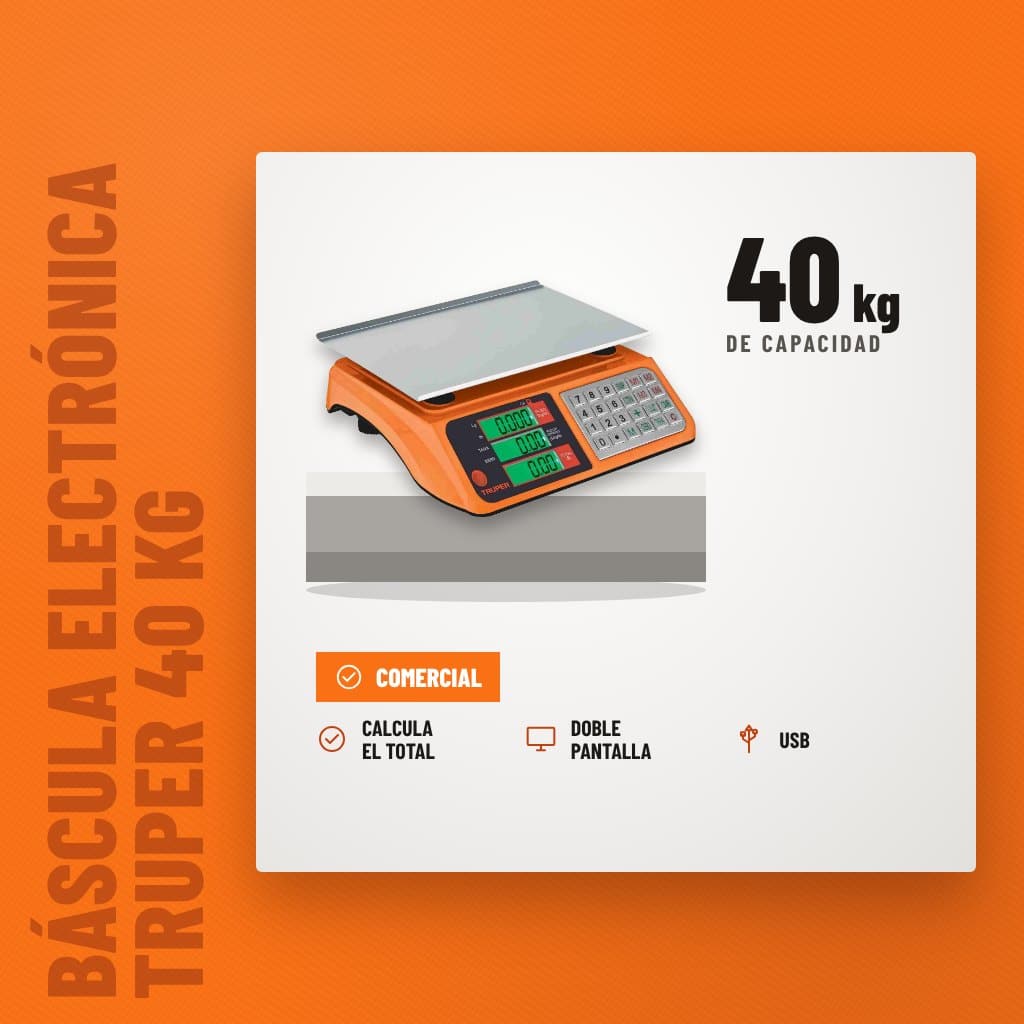 Báscula Electrónica Truper 40 kg Multifunciones sobre soporte con sus beneficios principales