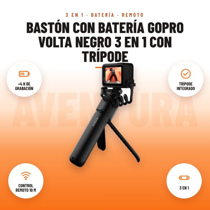 Bastón con Batería GoPro Volta Negro 3 en 1 con Trípode: imagen promocional con +4 h de grabación, trípode integrado, control remoto 10 m, 3 en 1