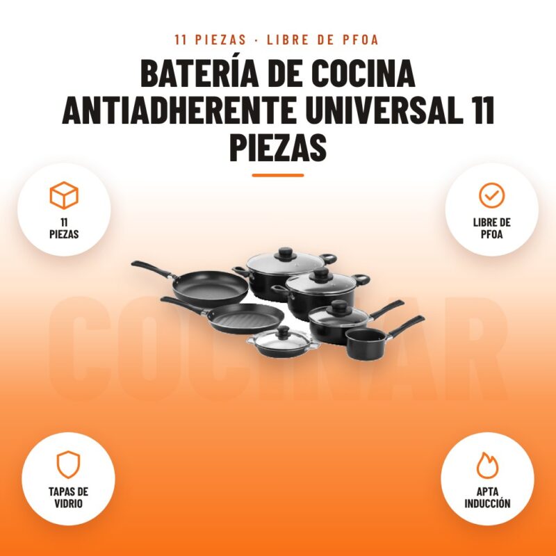 Batería de Cocina Antiadherente Universal 11 Piezas: imagen promocional con 11 piezas, libre de pfoa, tapas de vidrio, apta inducción